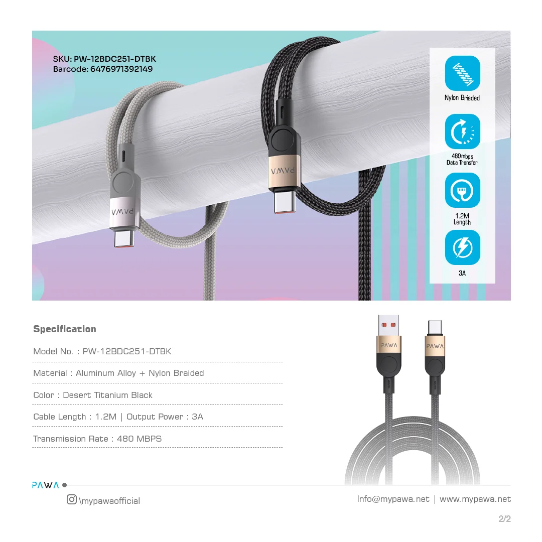 PAWA LEVIN USB A TO TYPE C 3.1A BRAIDED CABLE 1.2M DESERT BLACK PW-12BDC251-DTBK - Image 4