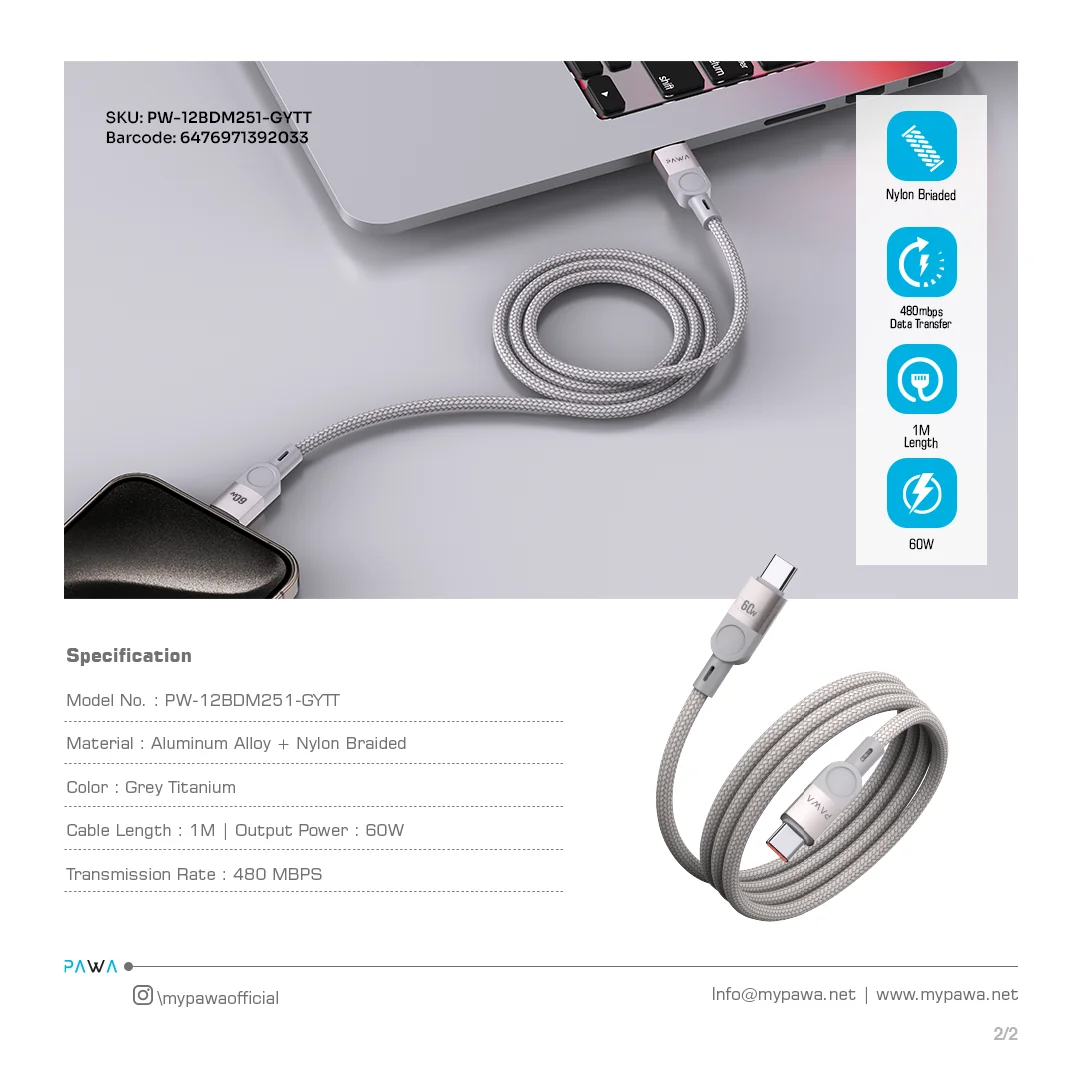 PAWA LEVIN MAGNETIC BRAIDED USB C TO USB C 60W CABLE 1M GREY TITANIUM PW-12BDM251-GYTT - Image 4