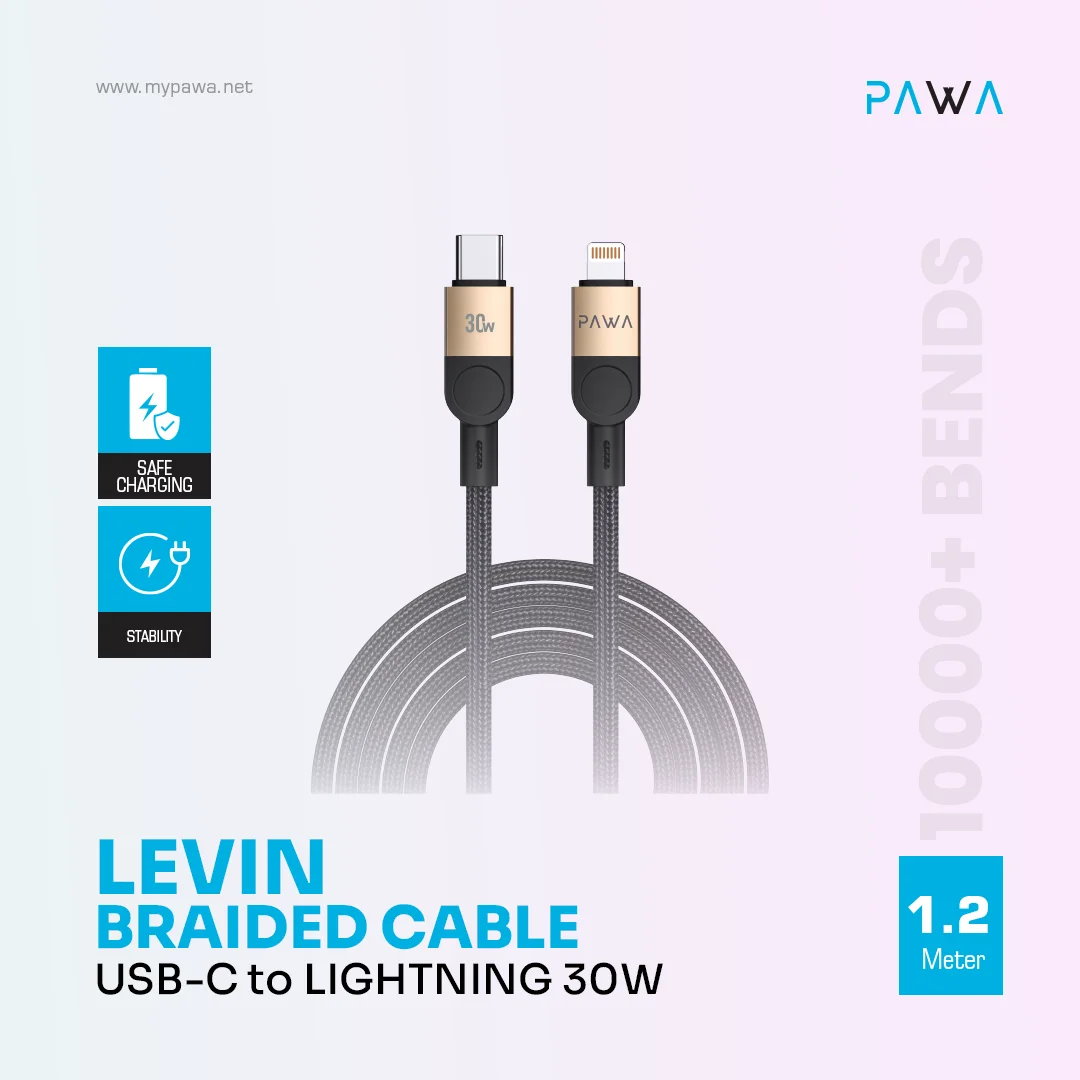 PAWA LEVIN USB C TO LIGHTNING BRAIDED CABLE 1.2M 30W DESERT BLACK PW-12BDC254-DTBK - Image 3