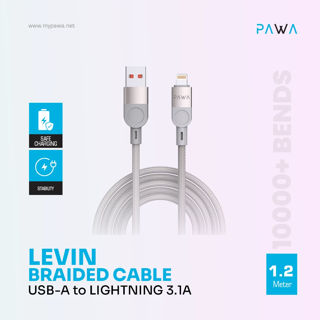 PAWA LEVIN USB A TO LIGHTNING 3.1A BRAIDED CABLE 1.2M GREY TITANIUM PW-12BDC252-GYTT - Image 3