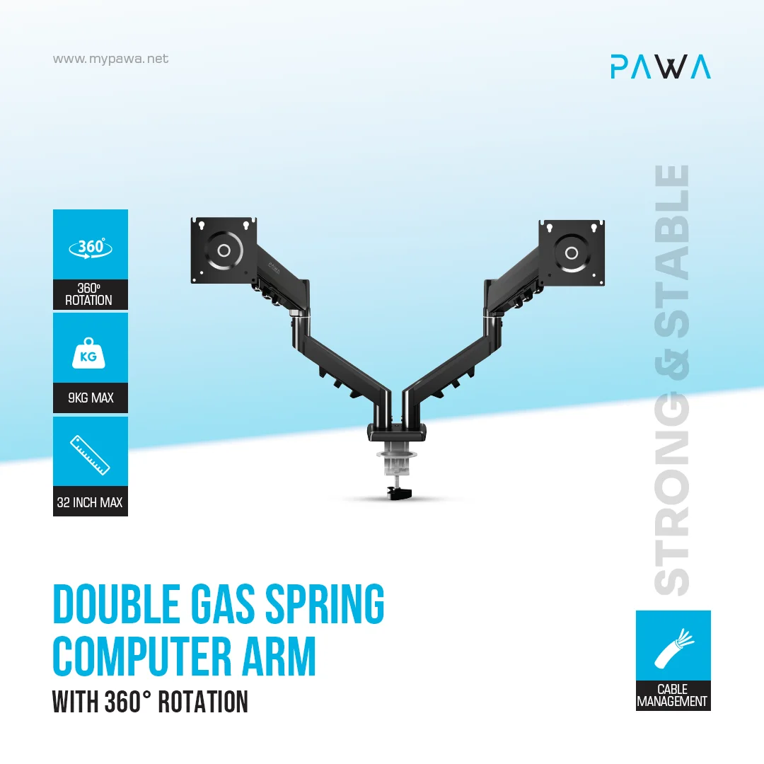 PAWA DOUBLE GAS SPRING COMPUTER ARM WITH 360 DEGREE ROTATION BLACK PW-CASGSM54-BK - Image 4