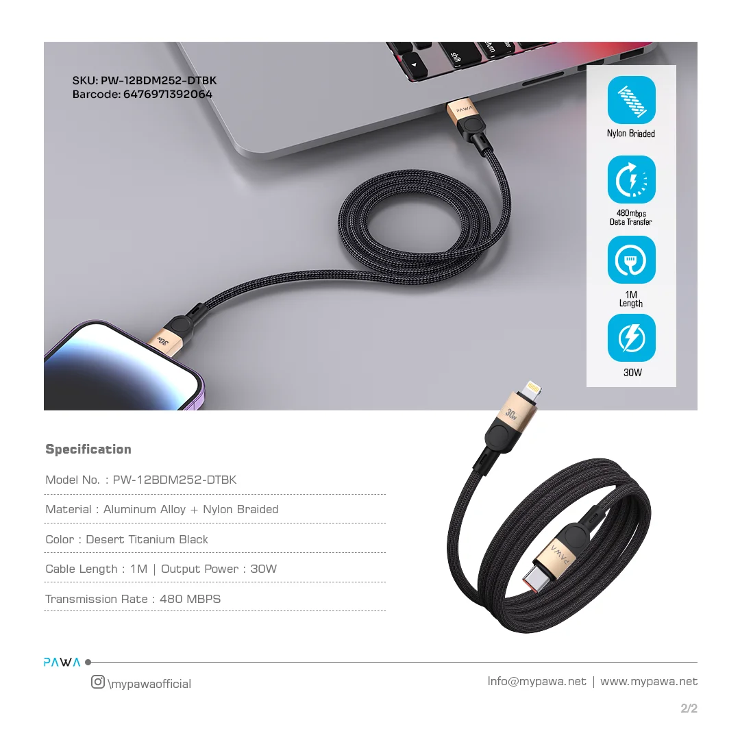 PAWA LEVIN MAGNETIC BRAIDED USB C TO LIGHTNING 30W CABLE 1M DESERT BLACK PW-12BDM252-DTBK - Image 4