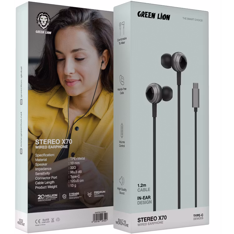 GREEN LION STEREO WIRED EARPHONE 1.2M TYPE C X70 BLACK GNSTRX70WCBK - Image 2