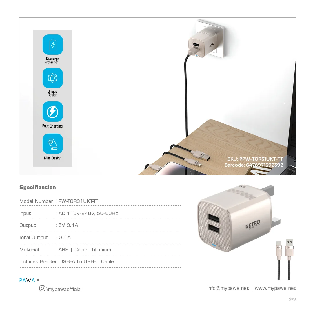 PAWA RETRO 3.1A DUAL USB UK CHARGER WITH USB A TO USB-C CABLE TITANIUM PW-TCR31UKT-TT - Image 4