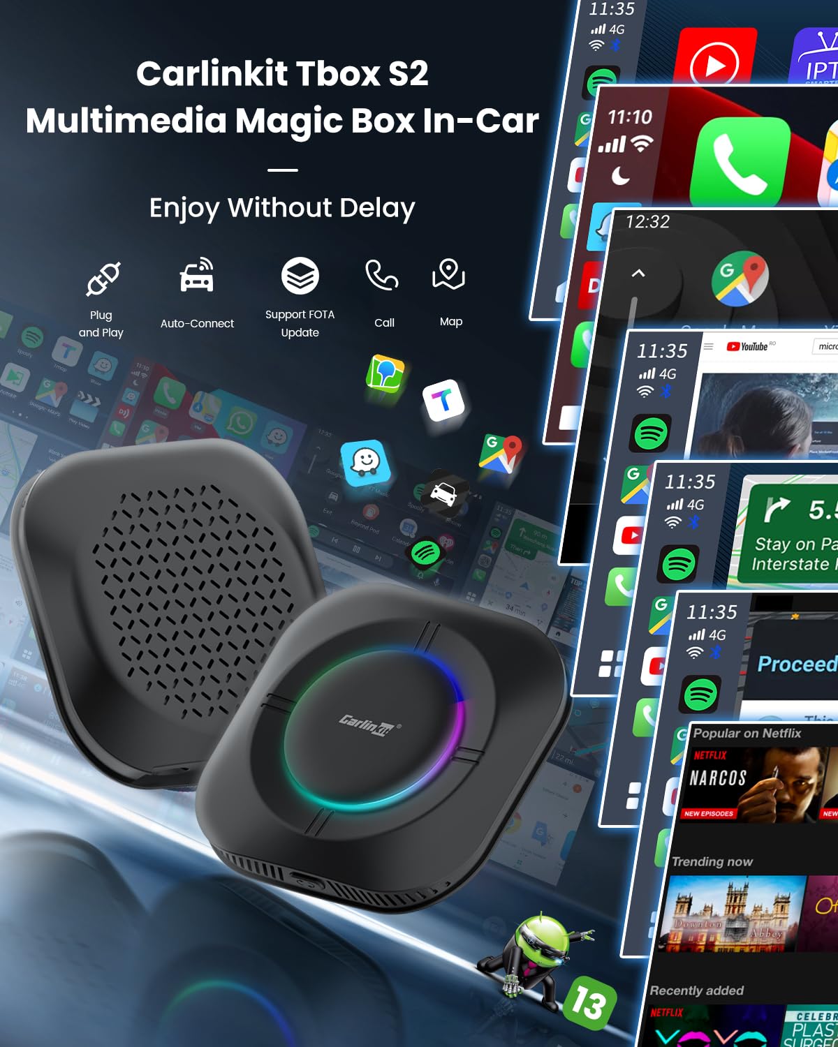 CARLINKIT AI BOX T-BOX S2P 4+64GB CARPLAY ANDROID 13.0 AUTO WIRELESS ADAPTER BLACK CPC200-TBOX-S2P - Image 2