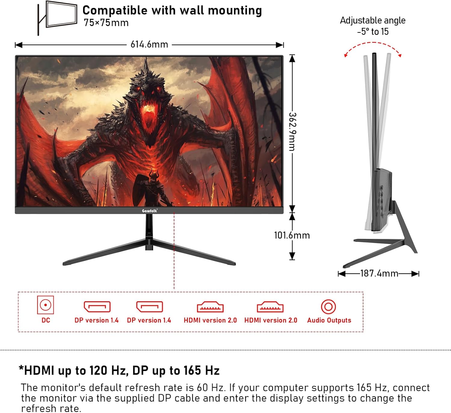 GAWFOLK 27 INCH 2K 165HZ 2560*1440 VA PANEL FLAT MONITOR BLACK GF270L - Image 6