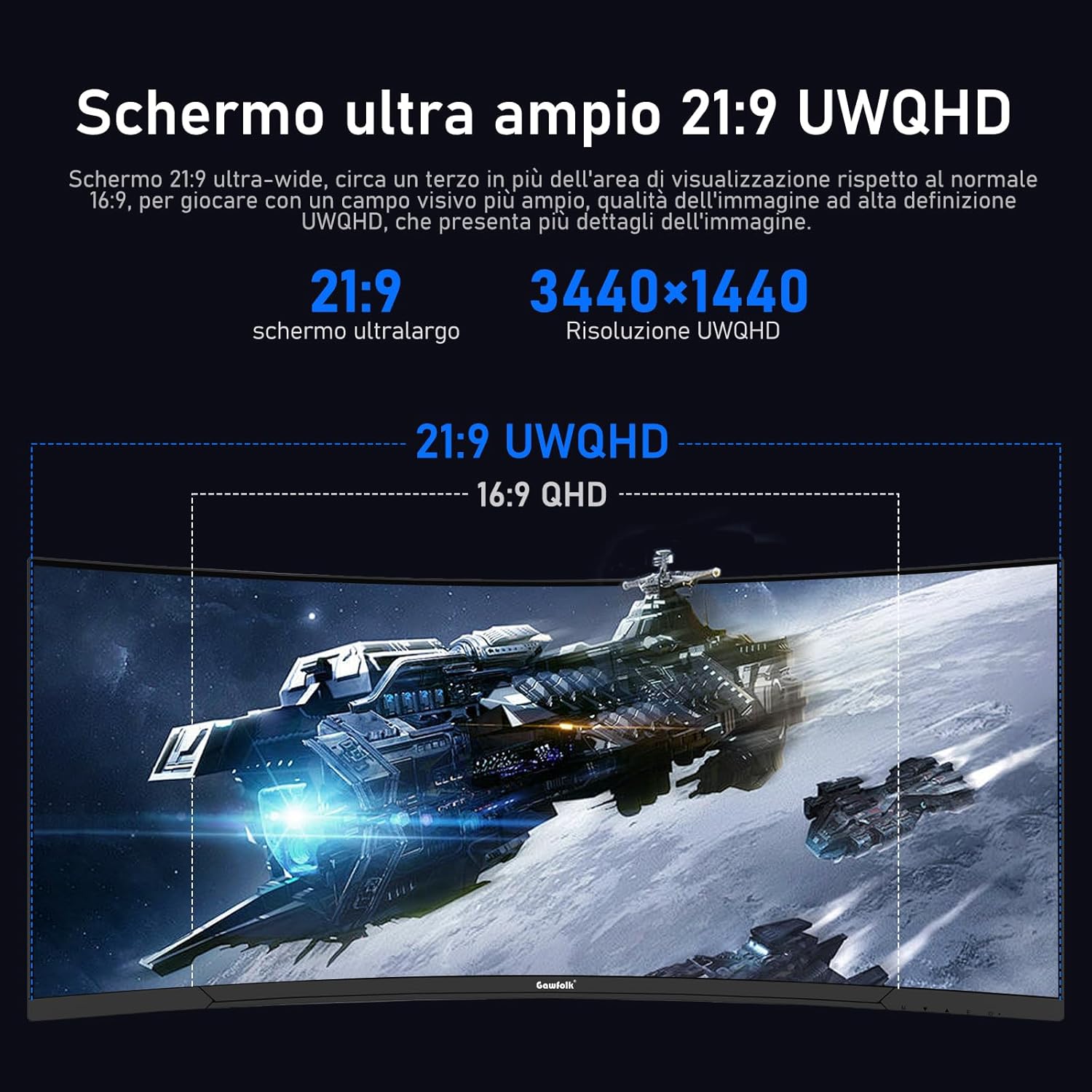 GAWFOLK 34 INCH 2K 120HZ 2560*1440 FLAT VA PANEL MONITOR BLACK/WHITE GF340H - Image 3