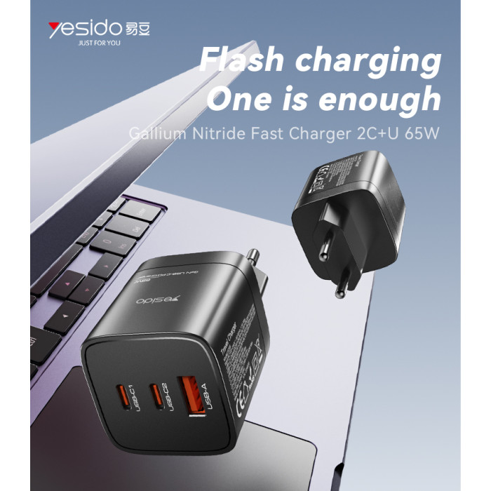 YESIDO 65W GAN 1XUSB-A AND 2XUSB-C CHARGER BLACK YC98C - Image 2