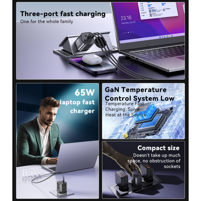 YESIDO 65W GAN 1XUSB-A AND 2XUSB-C CHARGER BLACK YC98C - Image 3