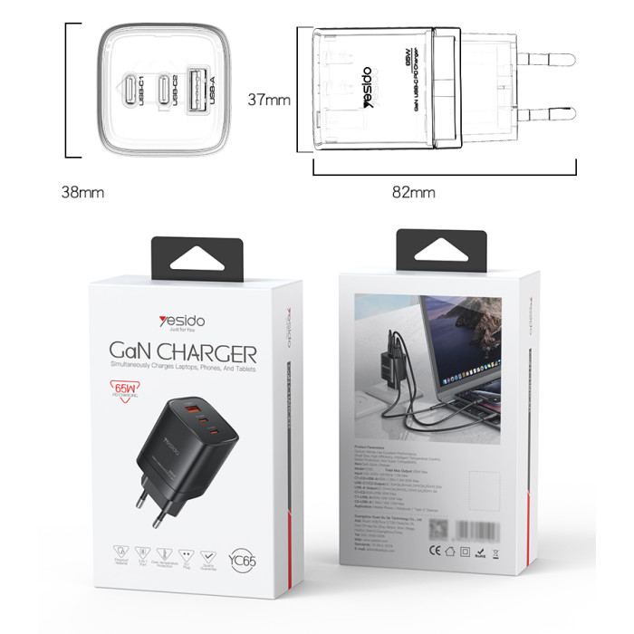 YESIDO 65W GAN 1XUSB-A AND 2XUSB-C CHARGER BLACK YC98C - Image 5