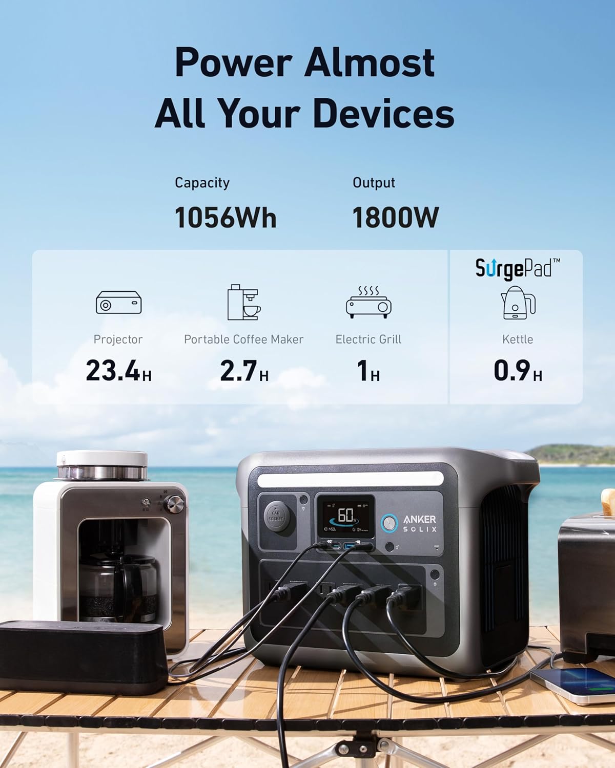 ANKER SOLIX C1000 PORTABLE POWER STATION 1056WH 1800W DARK GREY A17612Z1 - Image 4
