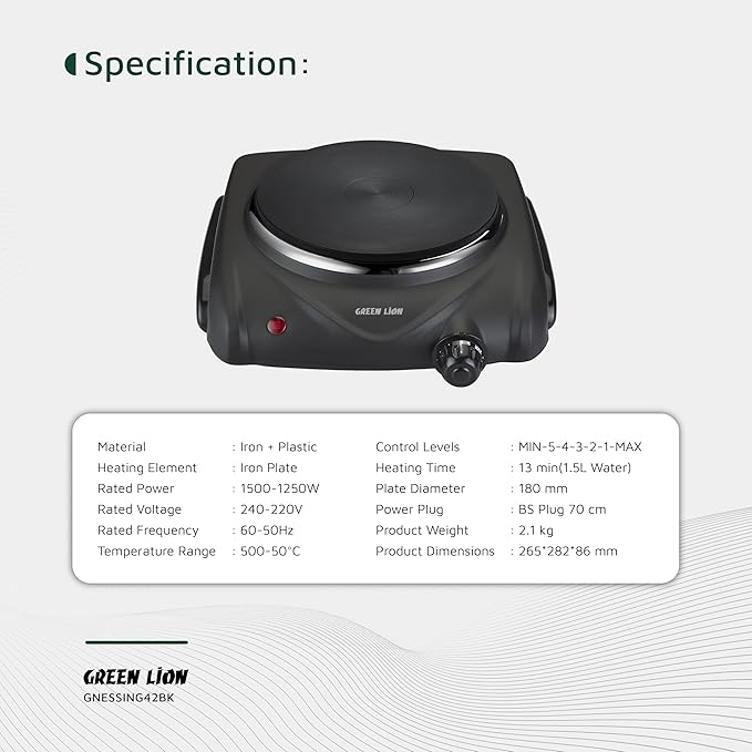 GREEN LION ELECTRIC STOVE SINGLE HOT PLATE BLACK GNESSING42BK - Image 7