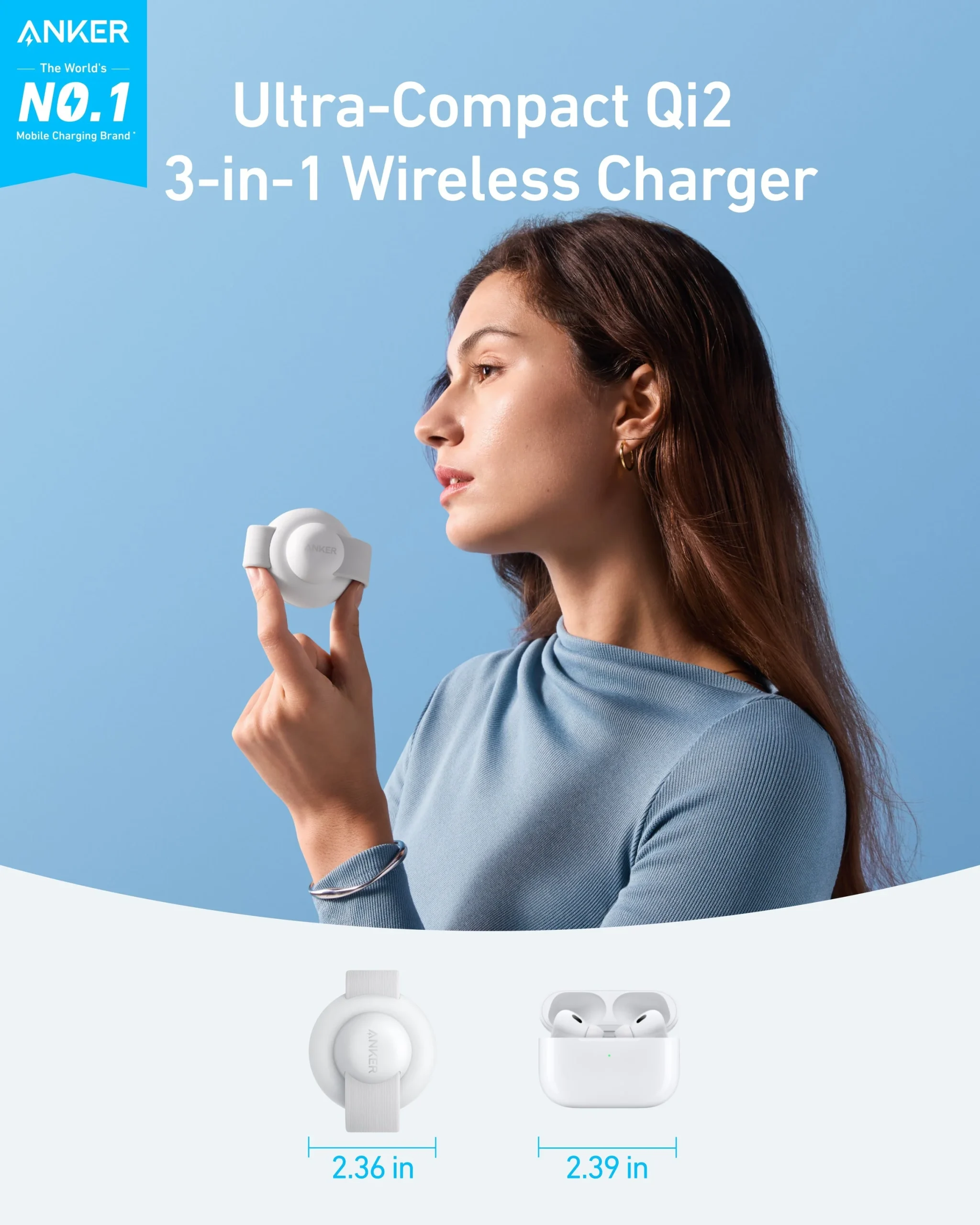 ANKER 3 IN 1 MAGGO WIRELESS CHARGING PAD WITH CHARGER AND USB-C CABLE 15W WHITE B25M8H21 - Image 2