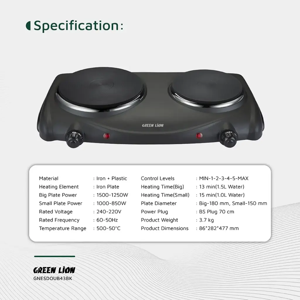 GREEN LION ELECTRIC STOVE DOUBLE HOT PLATE BLACK GNESDOUB43BK - Image 2