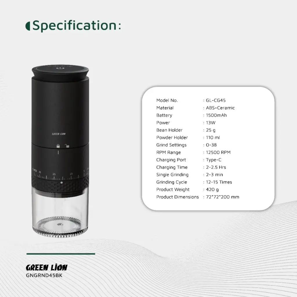 GREEN LION GRIND PRO COFFEE GRINDER RECHARGEABLE BLACK GNGRND45BK - Image 6