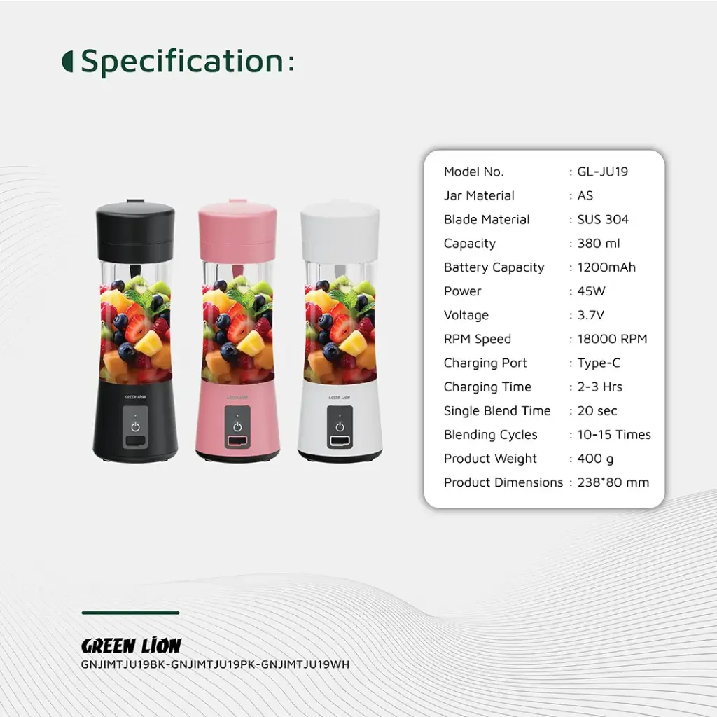 GREEN LION JUICE MATE PORTABLE JUICER 380ML BLACK GNJIMTJU19BK - Image 2
