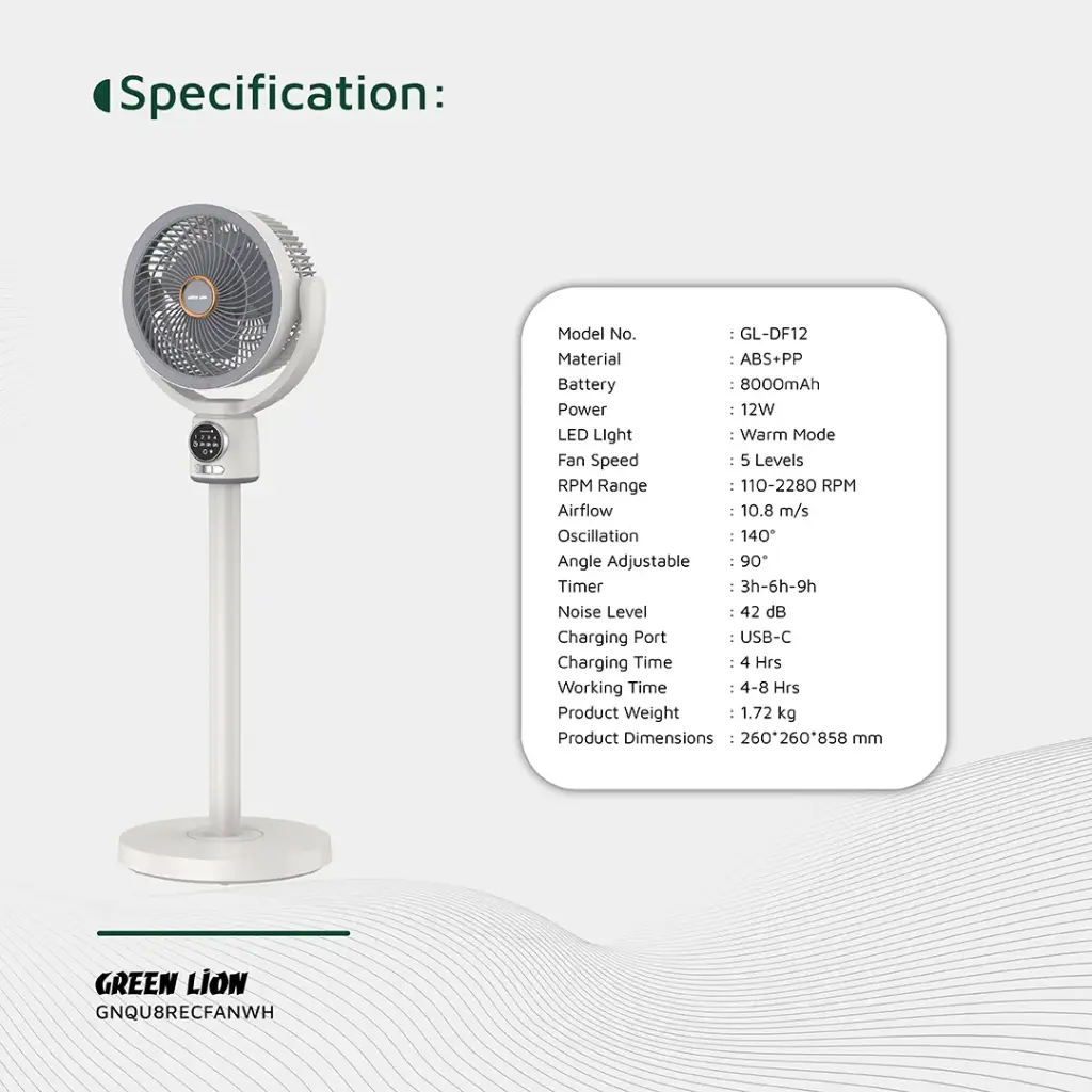 GREEN LION QUAD FLEX FAN RECHARGEABLE 8 INCH 3 BLADE WHITE GNQU8RECFANWH - Image 2