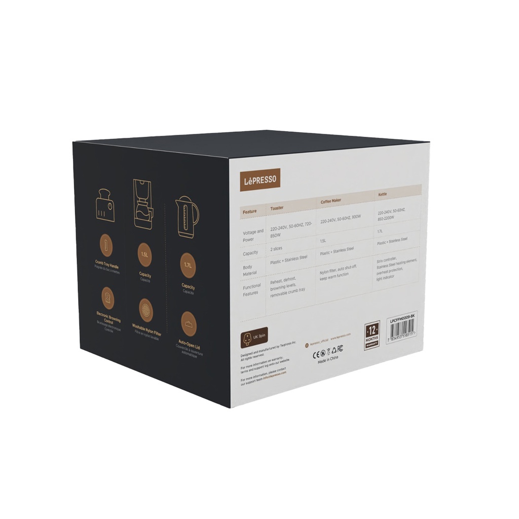 LEPRESSO BREAKFAST TRIO TOASTER DRIP COFFEE KETTTLE LP009 BLACK LPCFFM0009-BK - Image 3