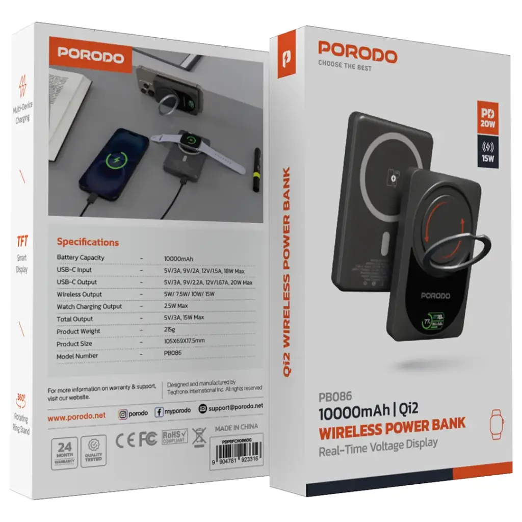 PORODO 10000MAH QI2 WIRELESS POWERBANK DARK GREY PDPBFCH086DG - Image 6