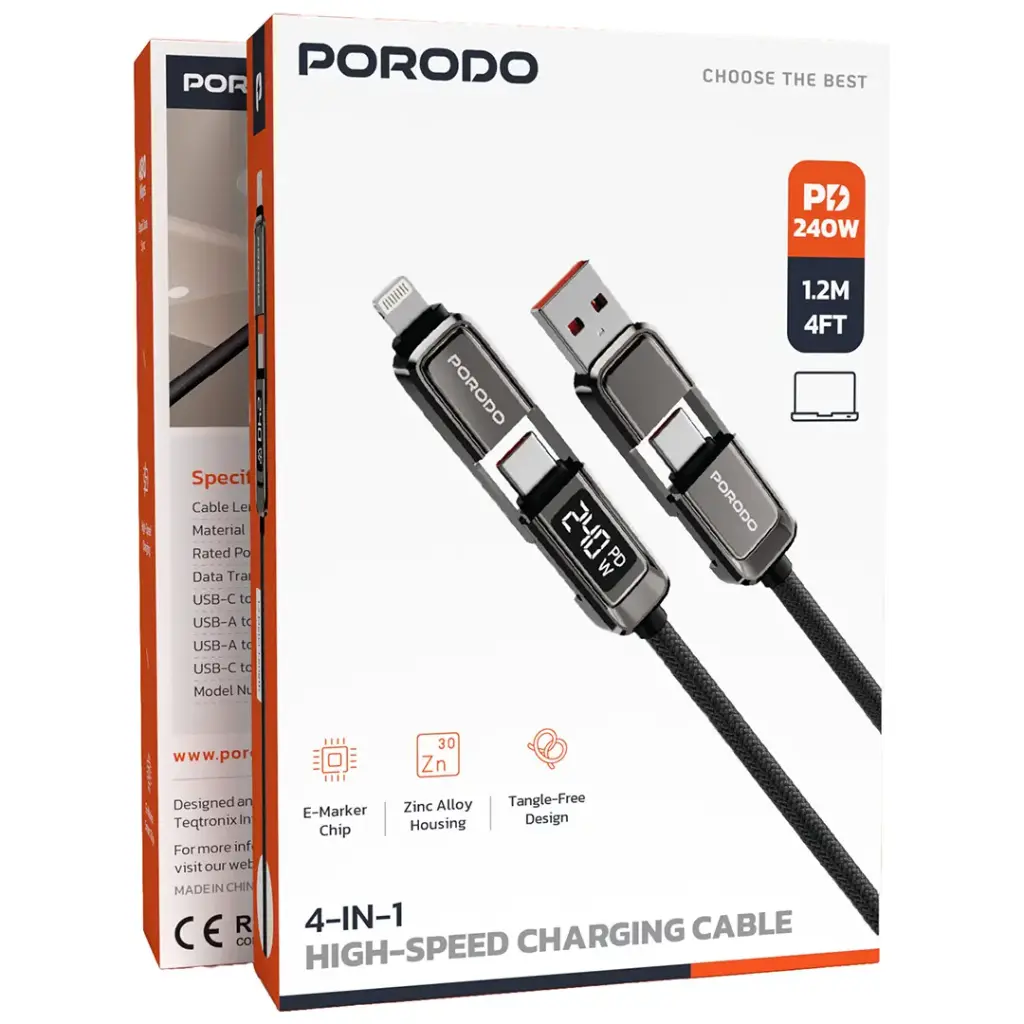 PORODO 4 IN 1 HIGH SPEED CHARGING 1.2M CABLE GRAY PD240WDDGY - Image 4