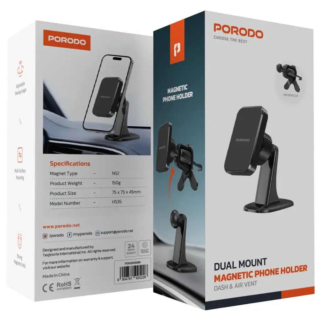 PORODO DUAL MOUNT MAGNETIC PHONE HOLDER WITH DASH & AIR VENT BLACK PDHSM35BK - Image 5