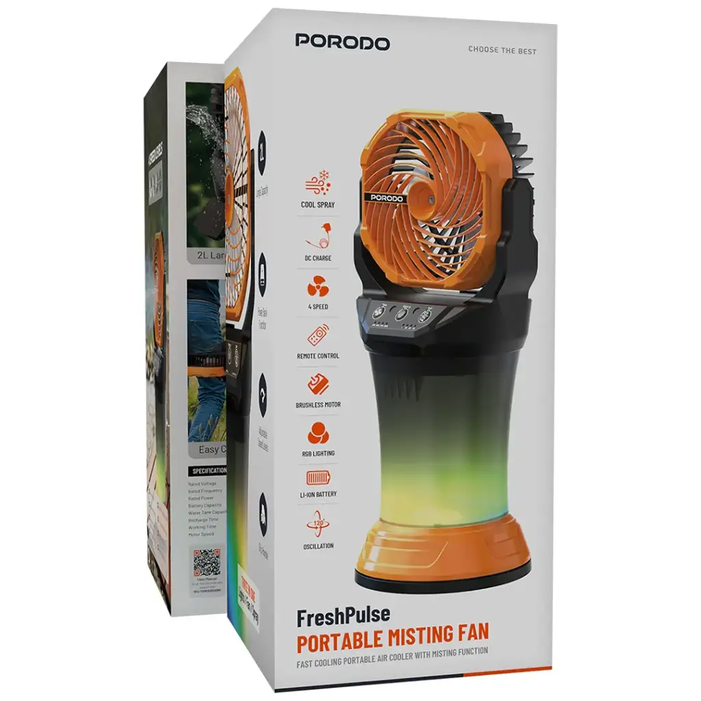 PORODO FRESH PULSE PORTABLE 15000 MAH MISTING FAN WITH RGB LIGHT ORANGE & BLACK PDMDX65OGBK - Image 5