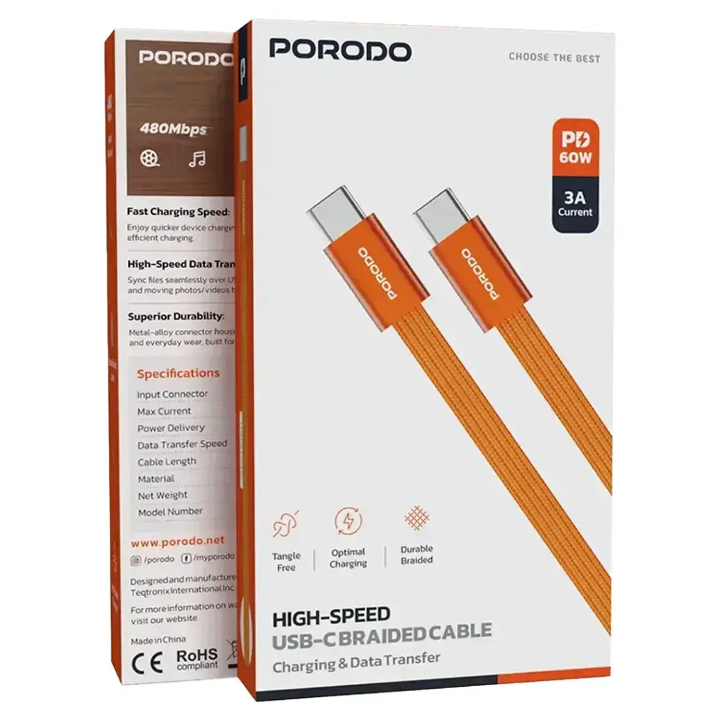 PORODO HIGH SPEED USB-C BRAIDED CABLE PD60WCBS0G - Image 5