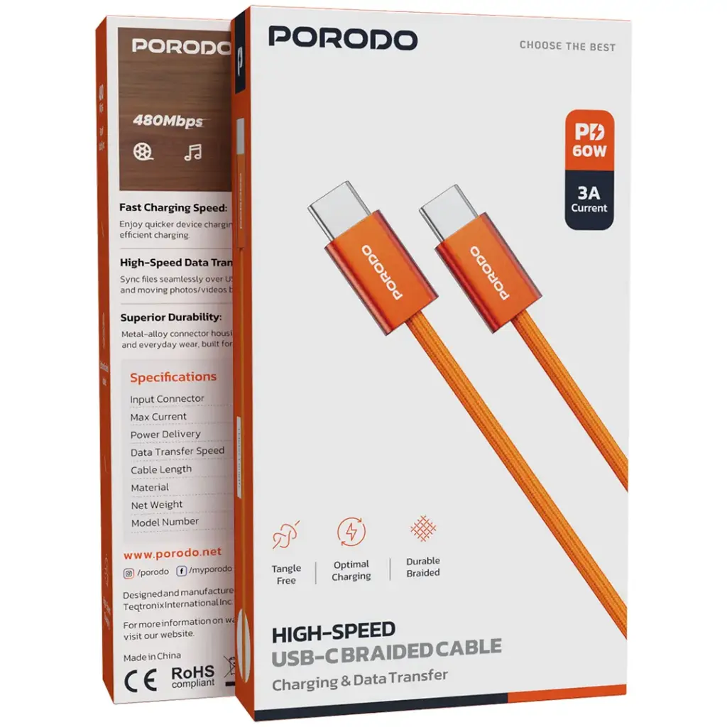 PORODO HIGH SPEED USB-C BRAIDED CABLE PD60WCBR0G - Image 3