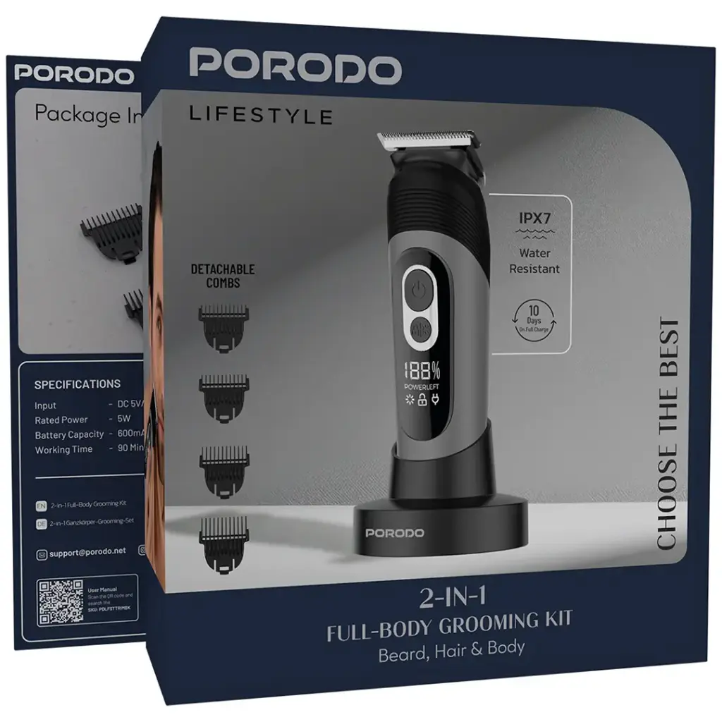 PORODO LIFESTYLE 2 IN 1 FULL BODY GROOMING KIT IPX7 BLACK PDLFSTTRIMBK - Image 6