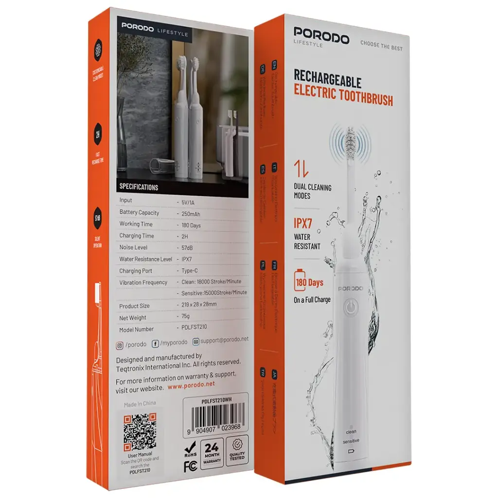 PORODO LIFESTYLE RECHARGEABLE ELECTRIC TOOTHBRUSH-WHITE-PDLFT210WH - Image 3