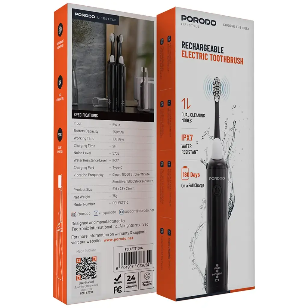 PORODO LIFESTYLE RECHARGEABLE ELECTRIC TOOTHBRUSH-BLACK-PDLFST210BK - Image 3