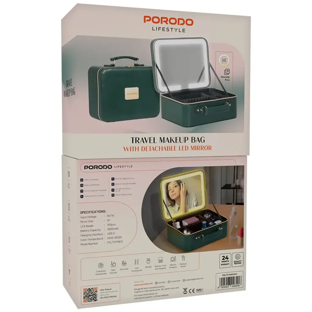 PORODO LIFESTYLE TRAVEL MAKEUP BAG WITH DETACHABLE LED MIRROR GREEN PDLFSTMB12GN - Image 4