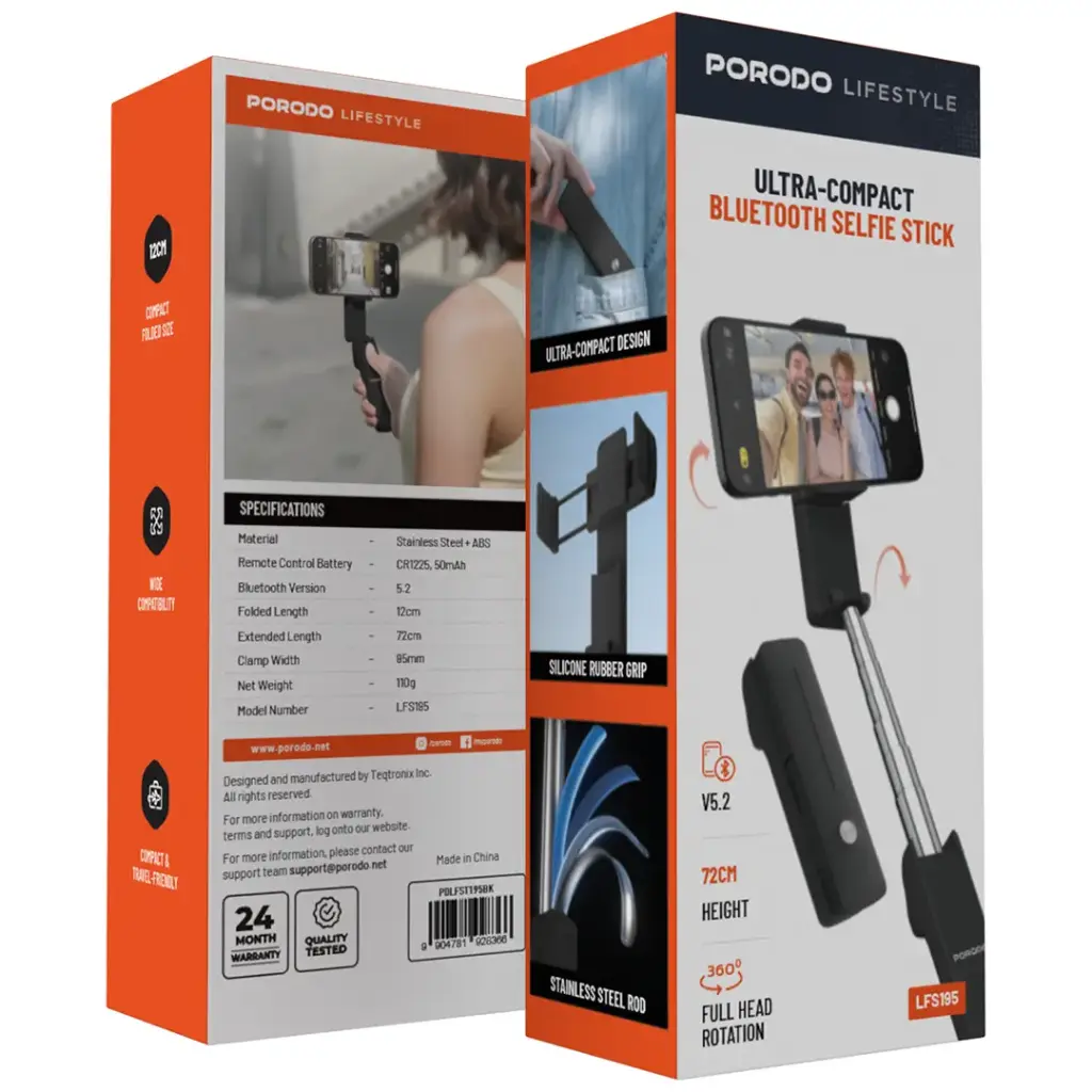 PORODO LIFESTYLE ULTRA COMPACT BLUETOOTH SELFIE STICK PDLFST195BK - Image 3