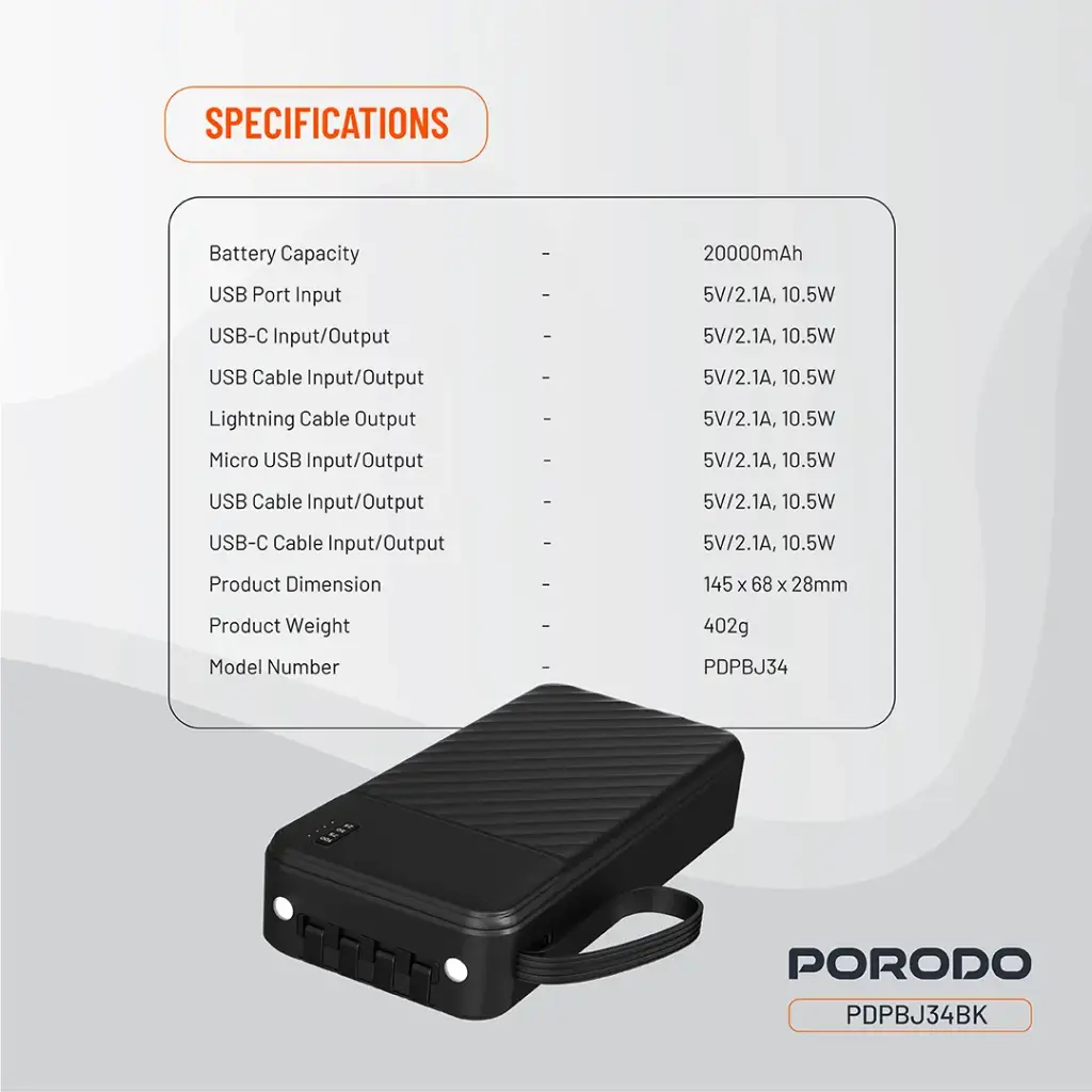 PORODO PIANO 20000MAH POWER BANK BLACK PDPBJ34BK - Image 2
