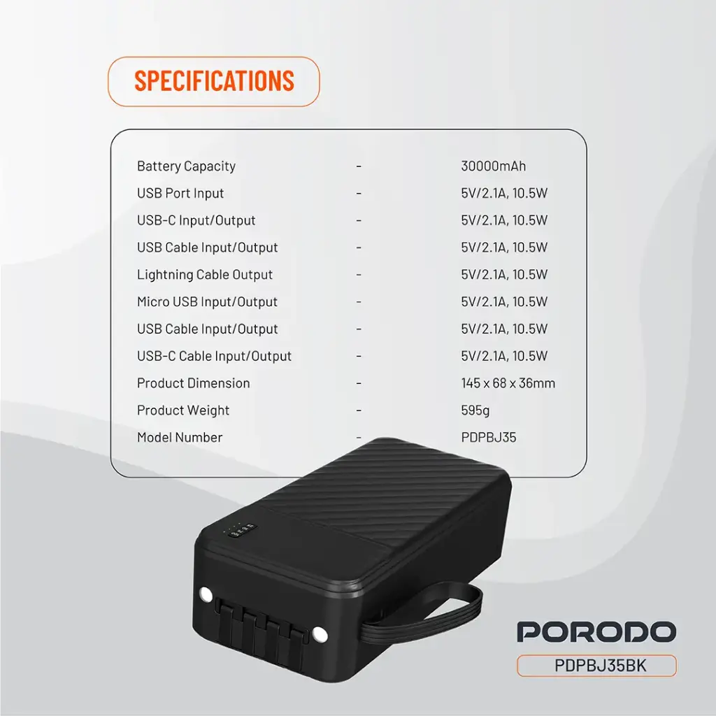 PORODO PIANO 30000MAH POWER BANK BLACK PDPBJ35BK - Image 2
