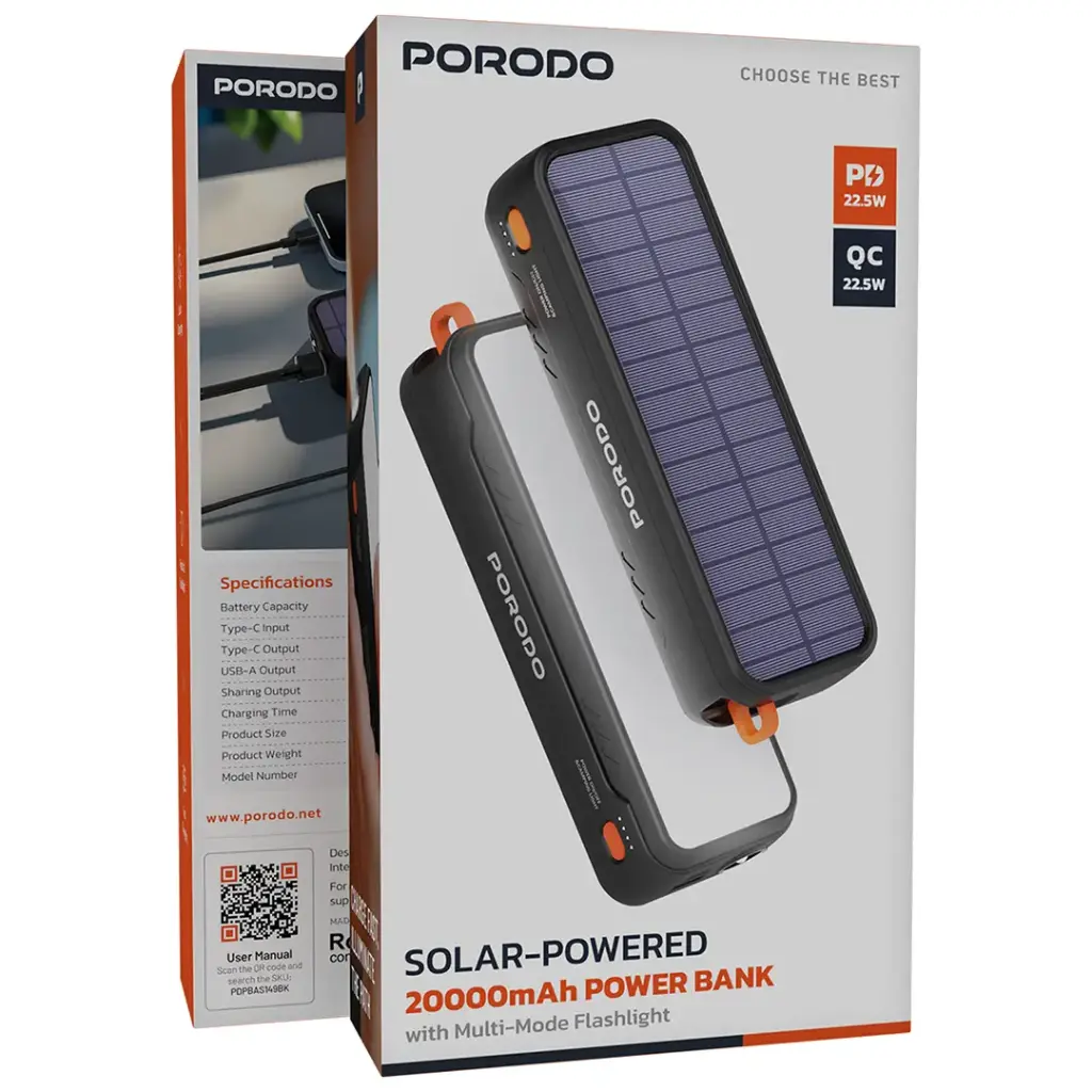 PORODO SOLAR POWERED 20000MAH POWERBANK BLACK PDPBAS149BK - Image 4