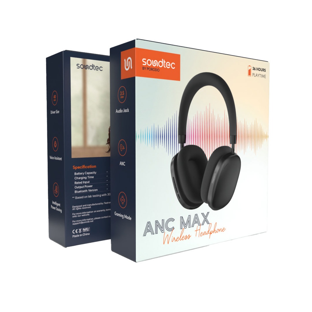 PORODO SOUNDTEC ANC MAX WIRELESS HEADPHONE BLACK PD-STWLEP023-BK - Image 3