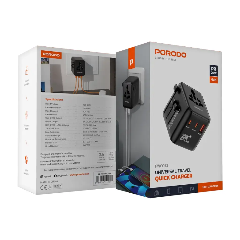 PORODO UNIVERSAL TRAVEL GAN QUICK CHARGER PD20W BLACK PD-FWCH053-BK - Image 3