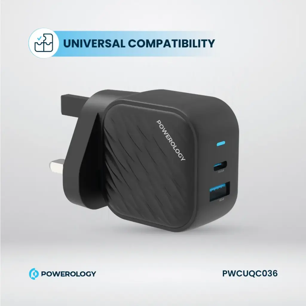 POWEROLOGY GAN DUAL PORT WALL CHARGER BLACK PWCUQC036 - Image 5