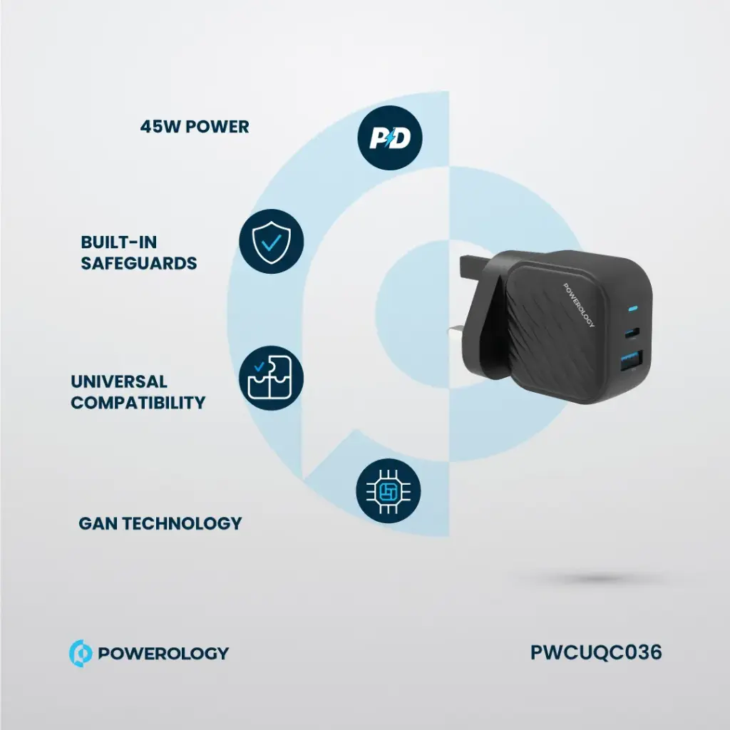 POWEROLOGY GAN DUAL PORT WALL CHARGER BLACK PWCUQC036 - Image 3