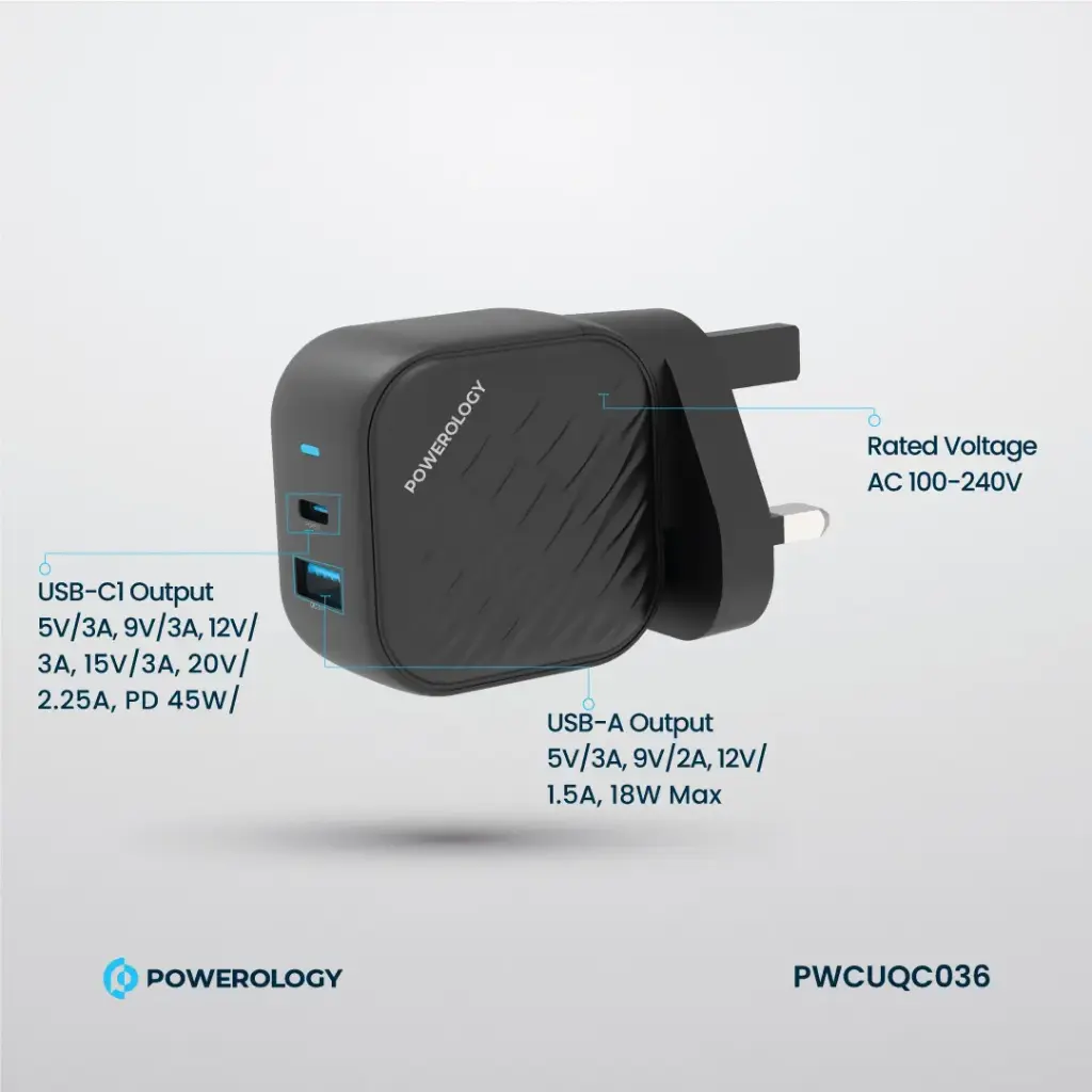 POWEROLOGY GAN DUAL PORT WALL CHARGER BLACK PWCUQC036 - Image 2