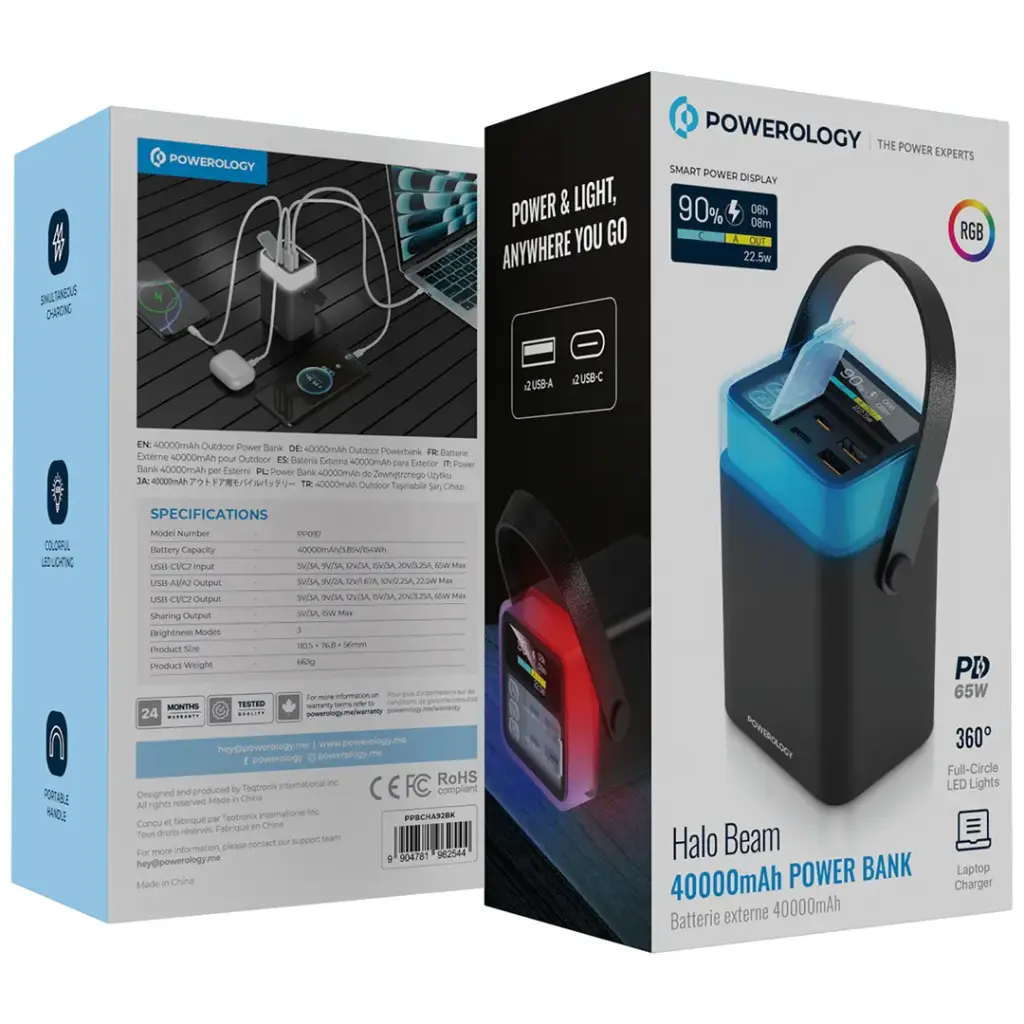POWEROLOGY HALO BEAM 40000MAH POWERBANK PD65W BLACK PPBCHA92BK - Image 6