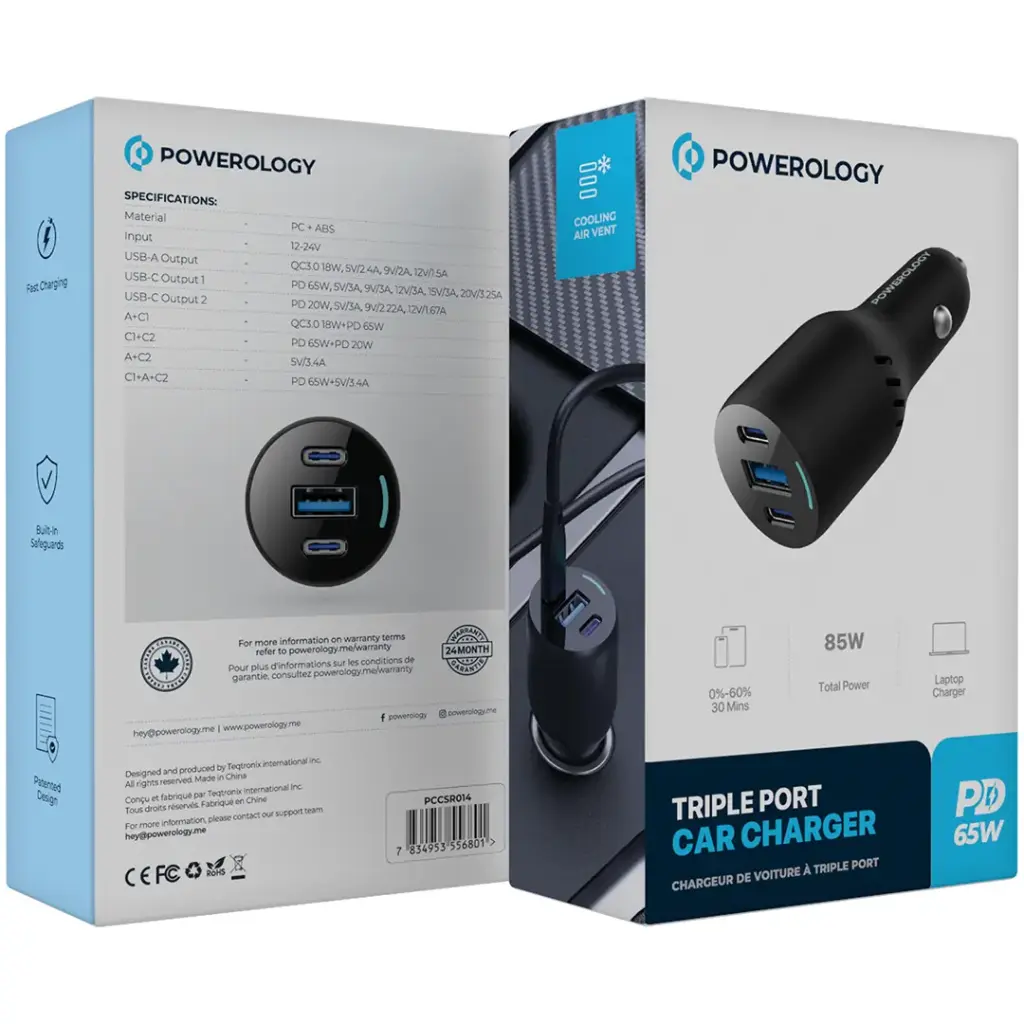 POWEROLOGY TRIPLE PORT 85W CAR CHARGER PD65W BLACK PCCSR014 - Image 2