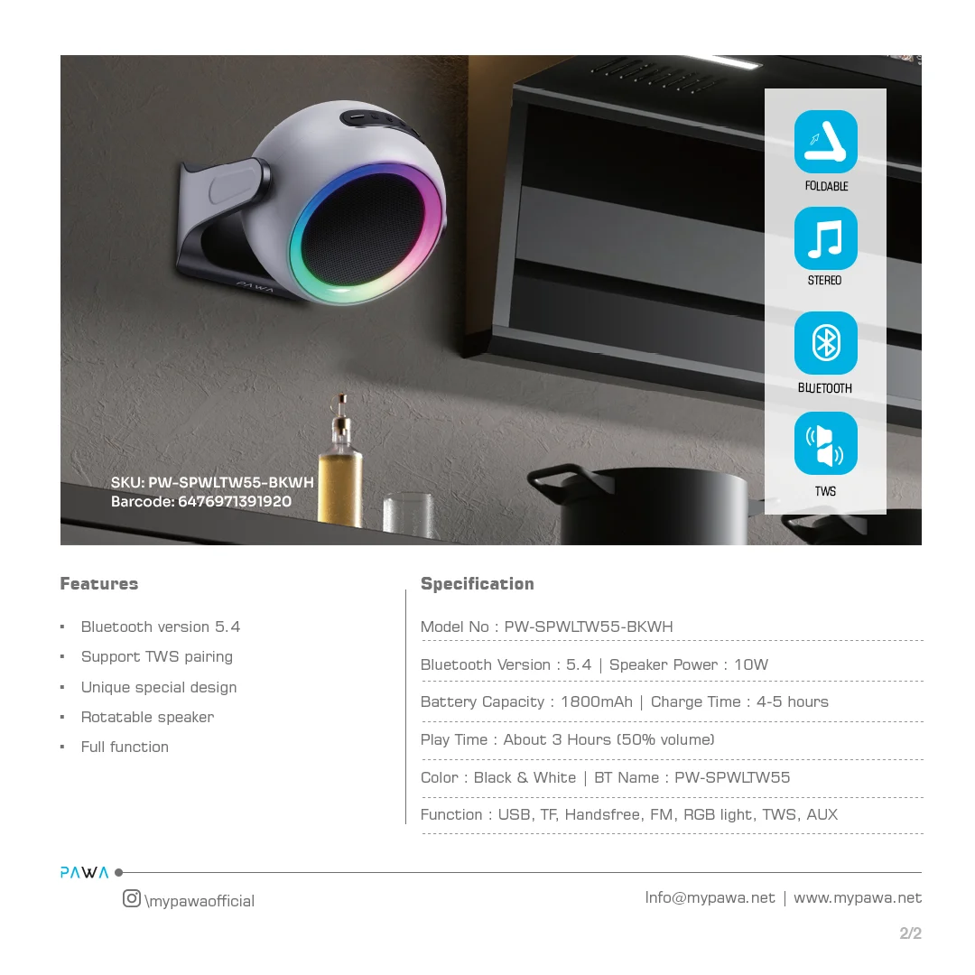 PAWA ARIA WALL AND DESKTOP SPEAKER WITH RGB LIGHT BLACK PW-SPWLTW55-BK - Image 4