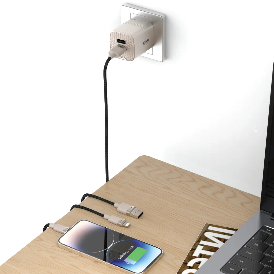 PAWA RETRO 3.1A DUAL USB UK CHARGER WITH USB A TO LIGHTING CABLE TITANIUM PW-TCR31UKL-TT - Image 2