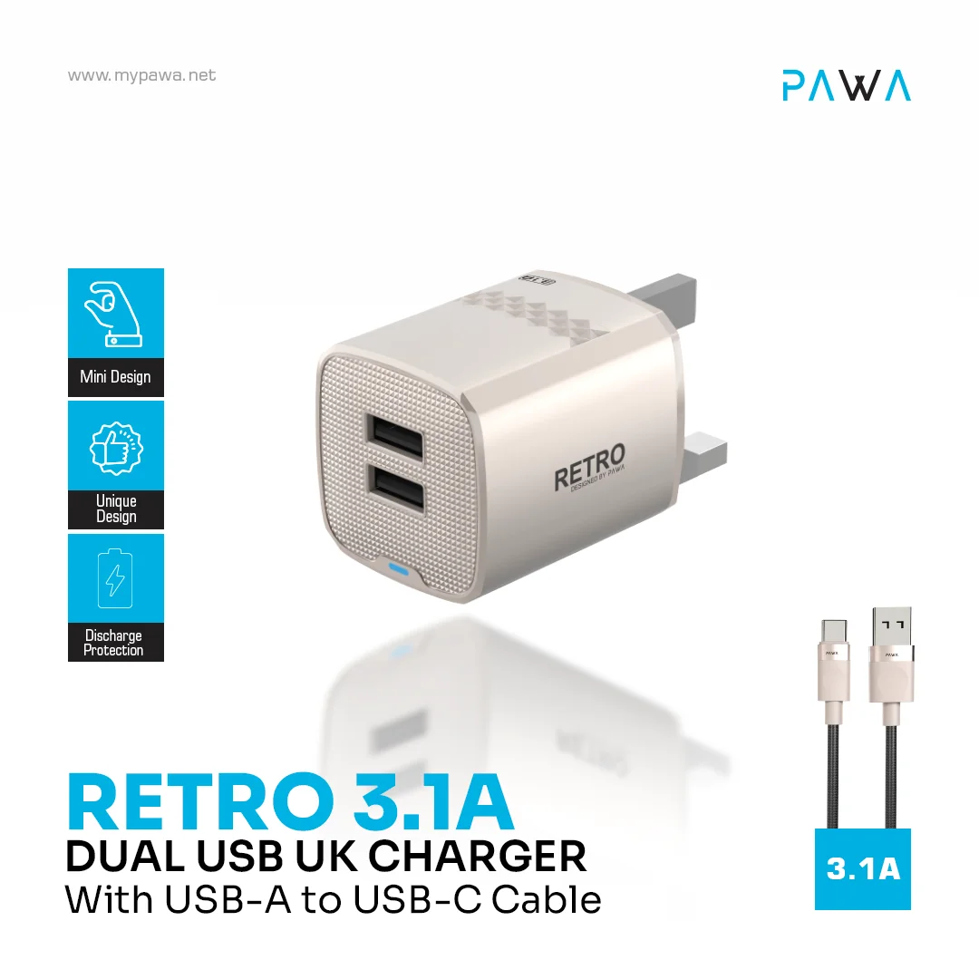 PAWA RETRO 3.1A DUAL USB UK CHARGER WITH USB A TO USB-C CABLE TITANIUM PW-TCR31UKT-TT - Image 3