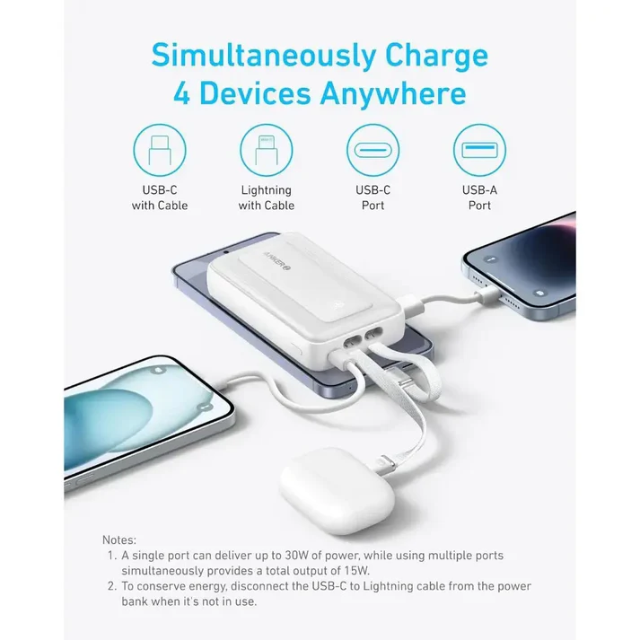 ANKER ZOLO 10000MAH POWER BANK 30W BUILT-IN TYPE-C AND LIGHTNING CABLE WHITE A1680H11 - Image 4