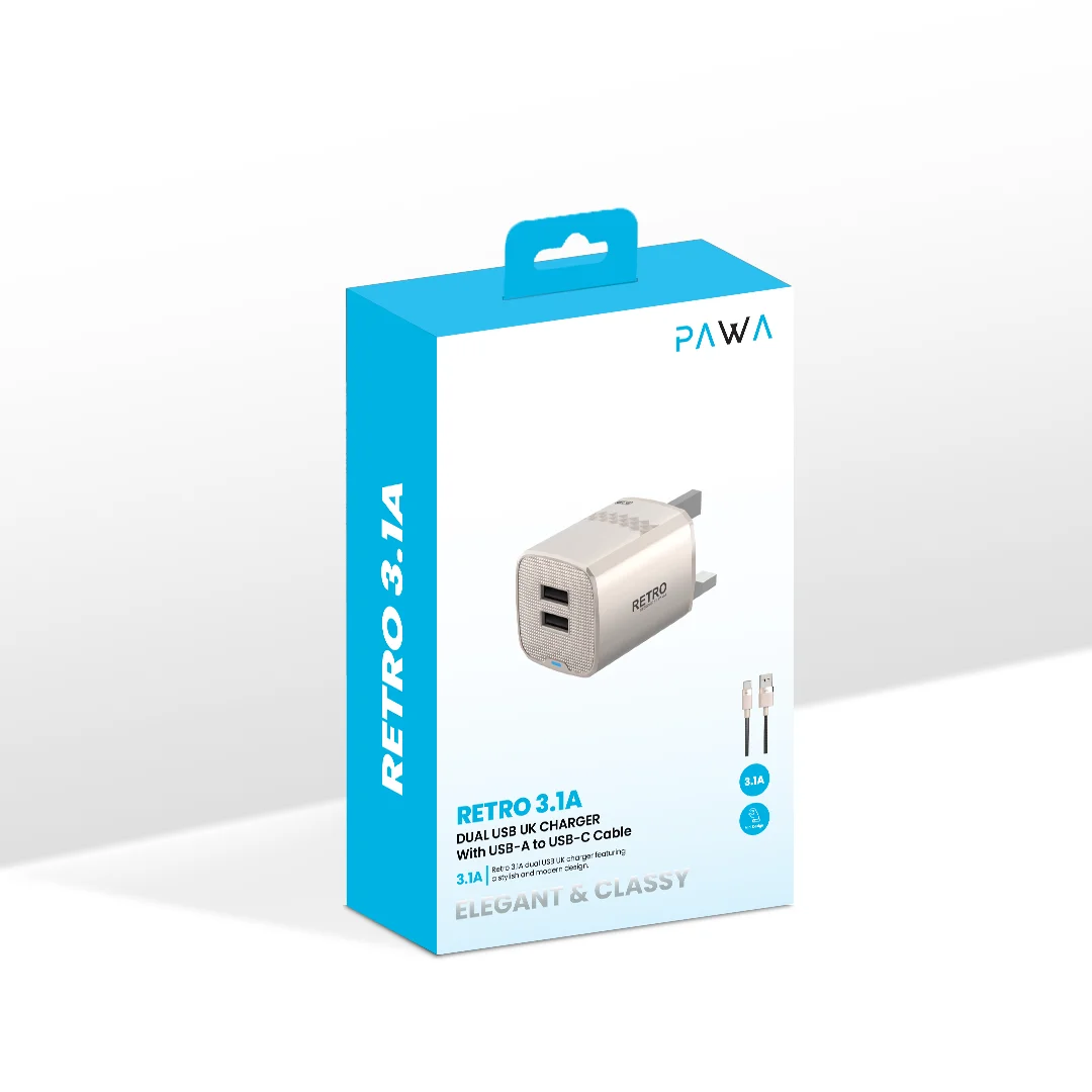 PAWA RETRO 3.1A DUAL USB UK CHARGER WITH USB A TO USB-C CABLE TITANIUM PW-TCR31UKT-TT - Image 5