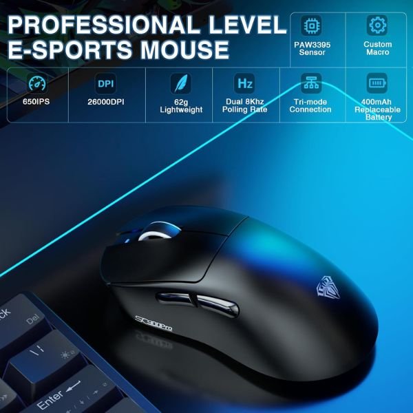 AULA ERGONOMIC TRI MODE WIRELESS GAMING MOUSE 26000 DPI WITH PAW3395 SENSOR SC900 PRO BLACK - Image 2