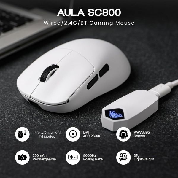 AULA ERGONOMIC TRI MODE WIRELESS GAMING MOUSE 26000 DPI WITH PAW3395 SENSOR SC900 PRO WHITE - Image 2